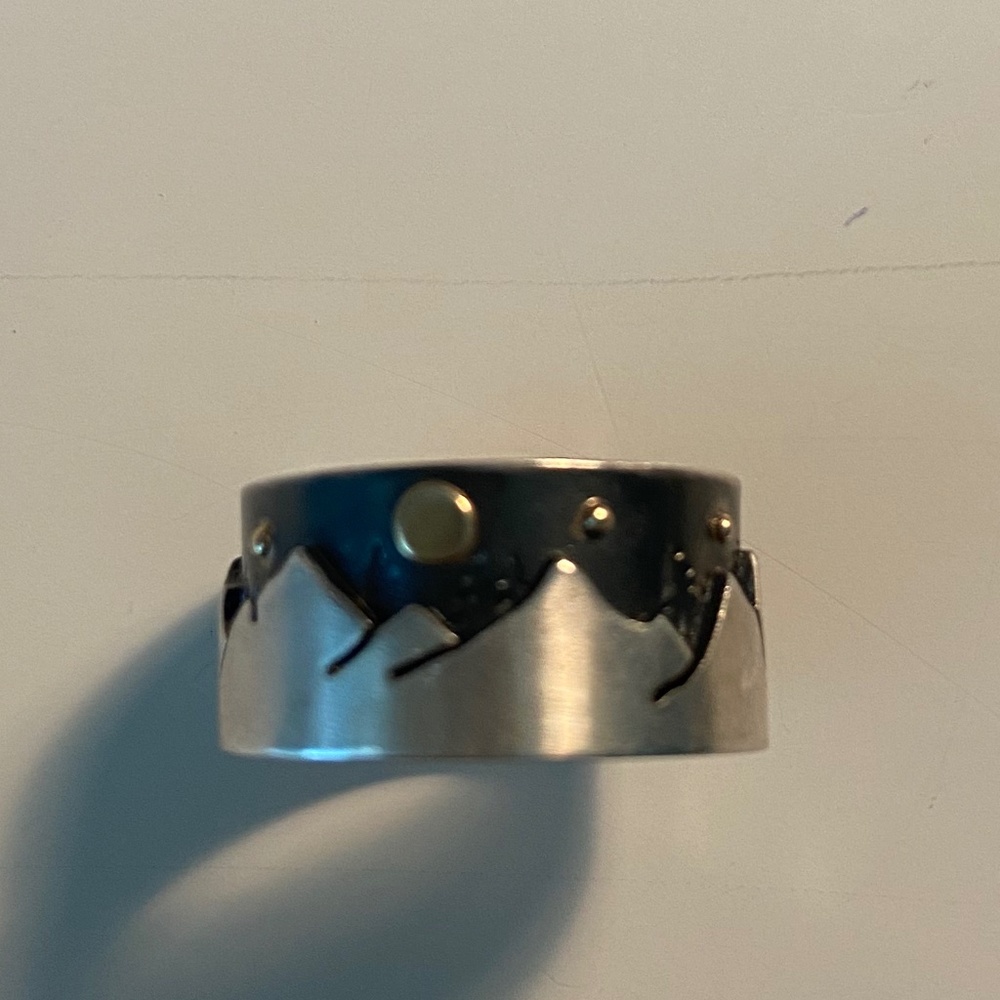Custom made sterling silver, gold mountains, stars, trees, moon band